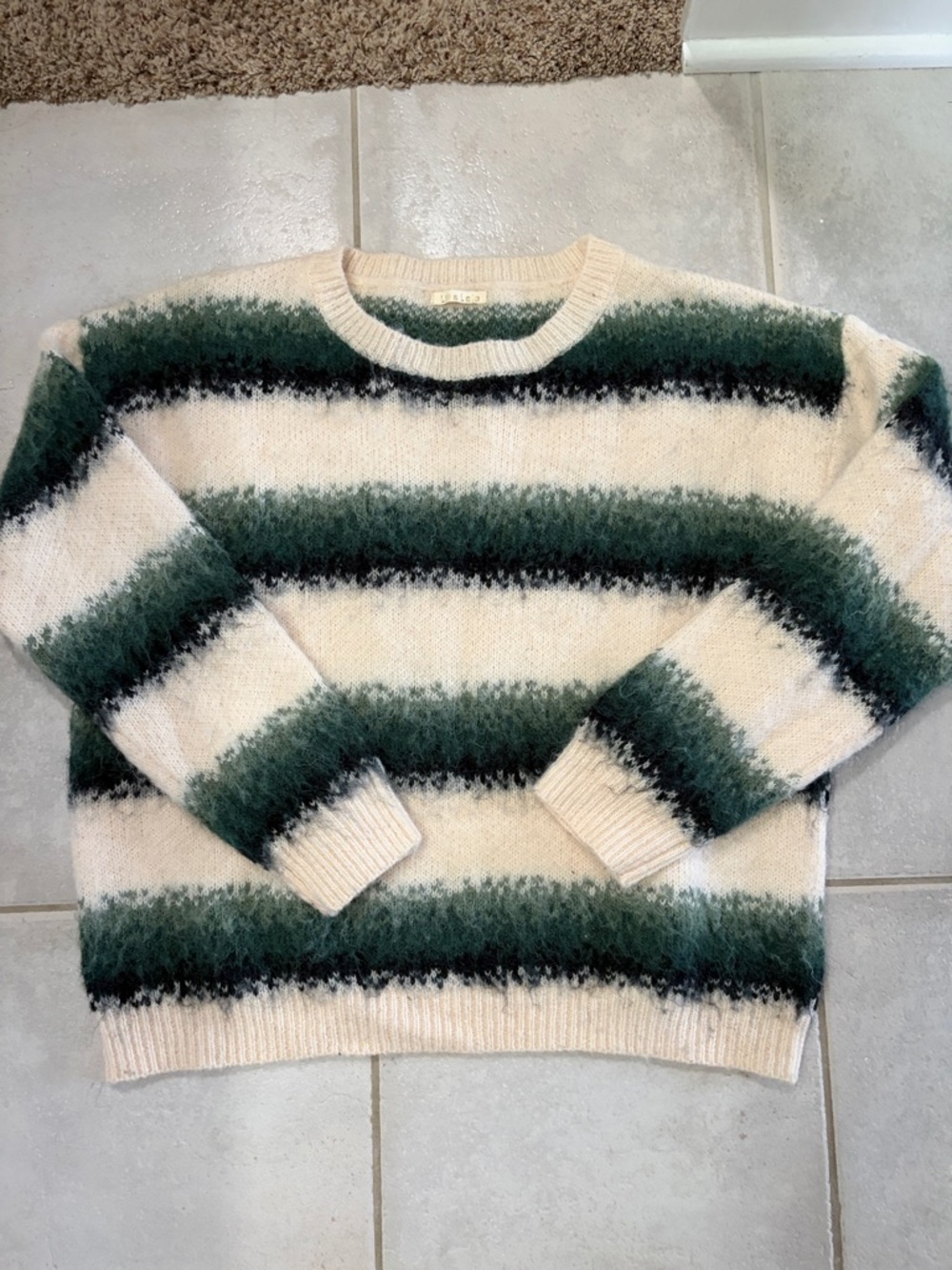 Striped Fuzzy Crewneck Sweater in Cream and Forest Green
